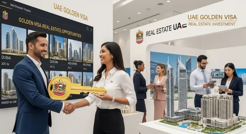 People discussing UAE Golden Visa real estate investment opportunities with city models and key symbol
