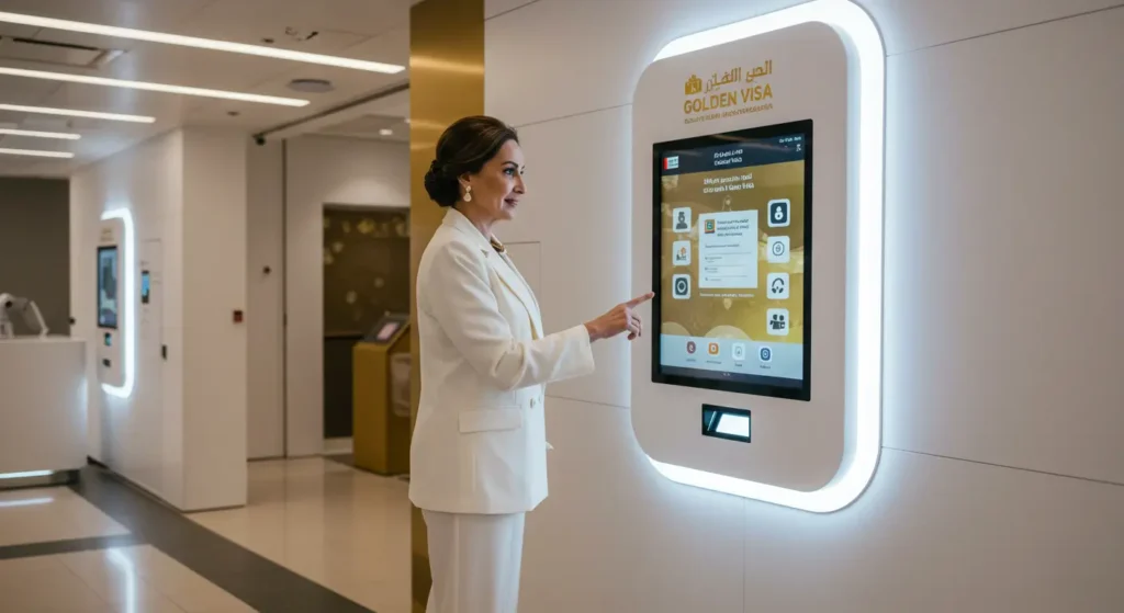 Woman applying for UAE Golden Visa at a digital service kiosk in Dubai office