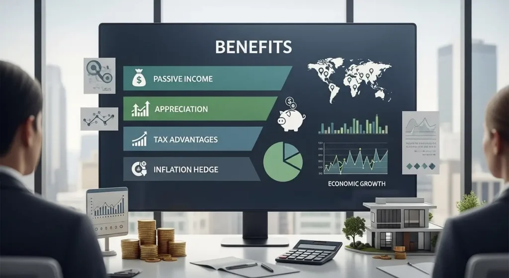 UAE Golden Visa for investors benefits chart showing passive income, tax advantages, and growth