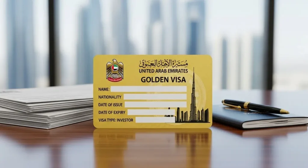 UAE Golden Visa for investors card on office desk with documents and pen