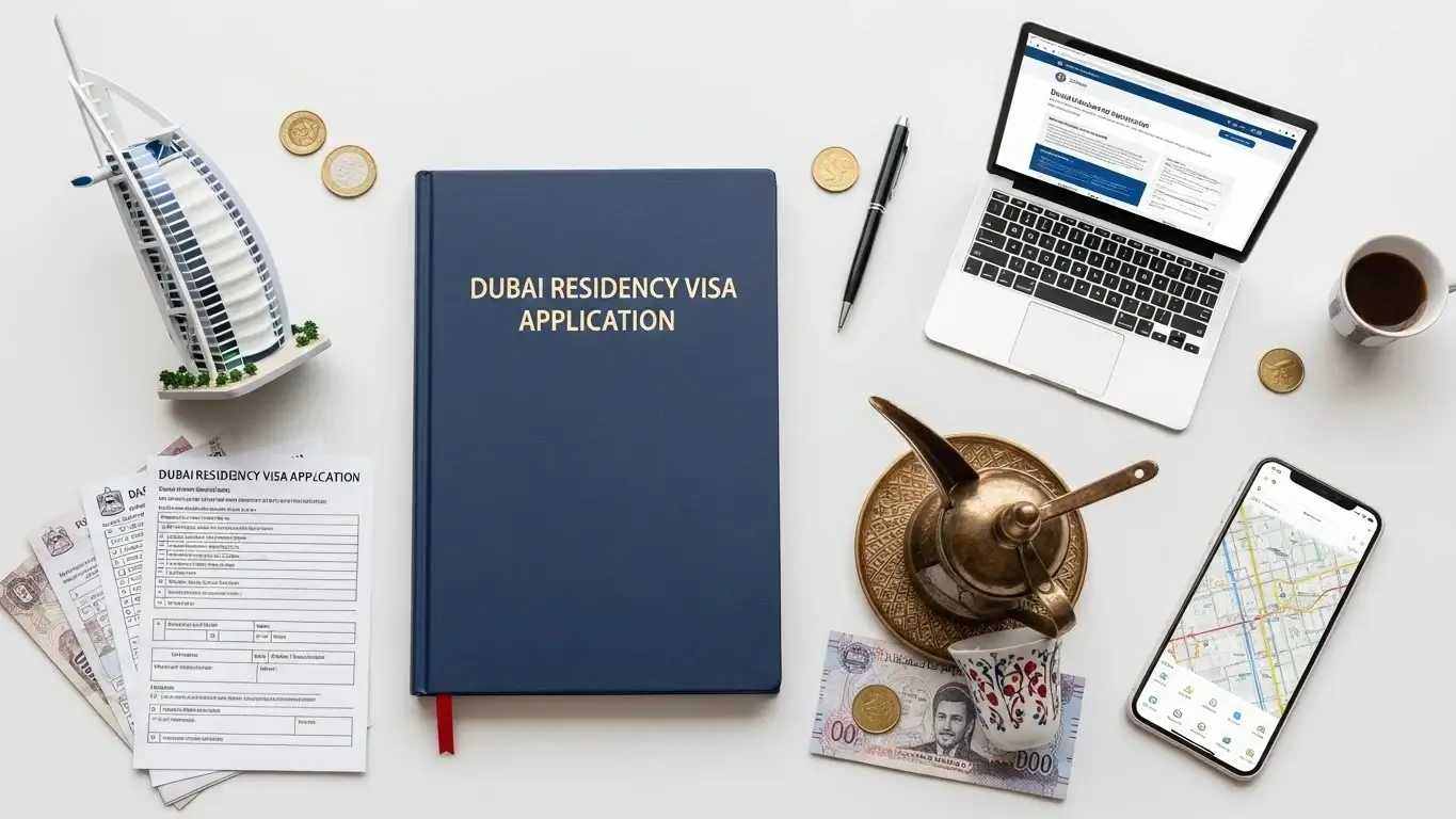 Dubai Golden Visa application documents with passport, laptop, currency, and Burj Al Arab model