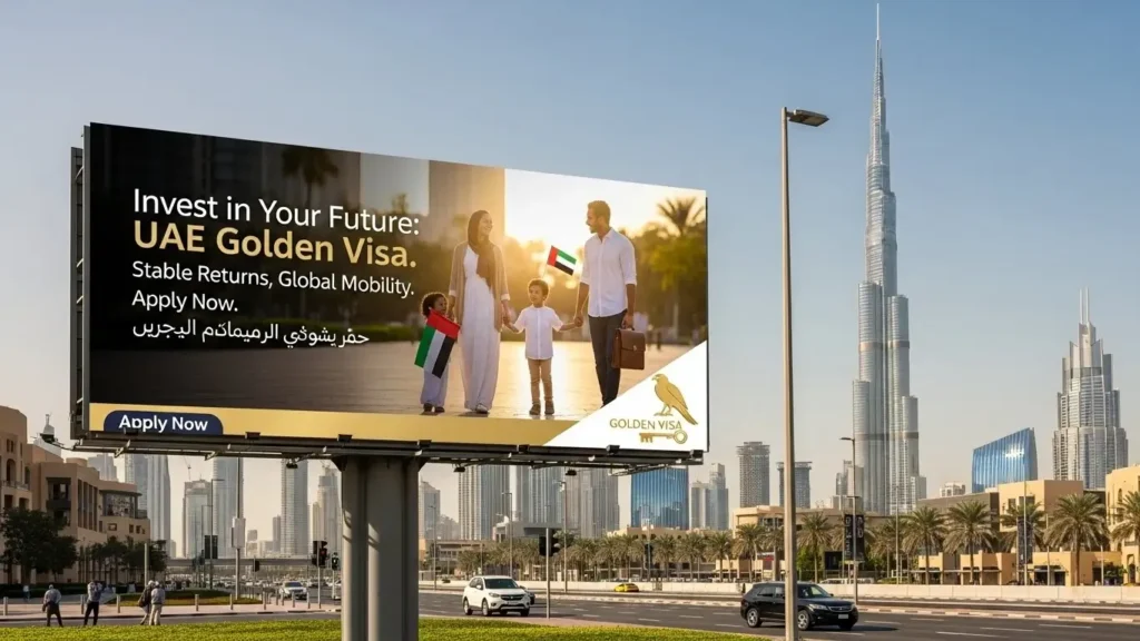 Dubai Golden Visa billboard showing family in front of Burj Khalifa promoting UAE residency.