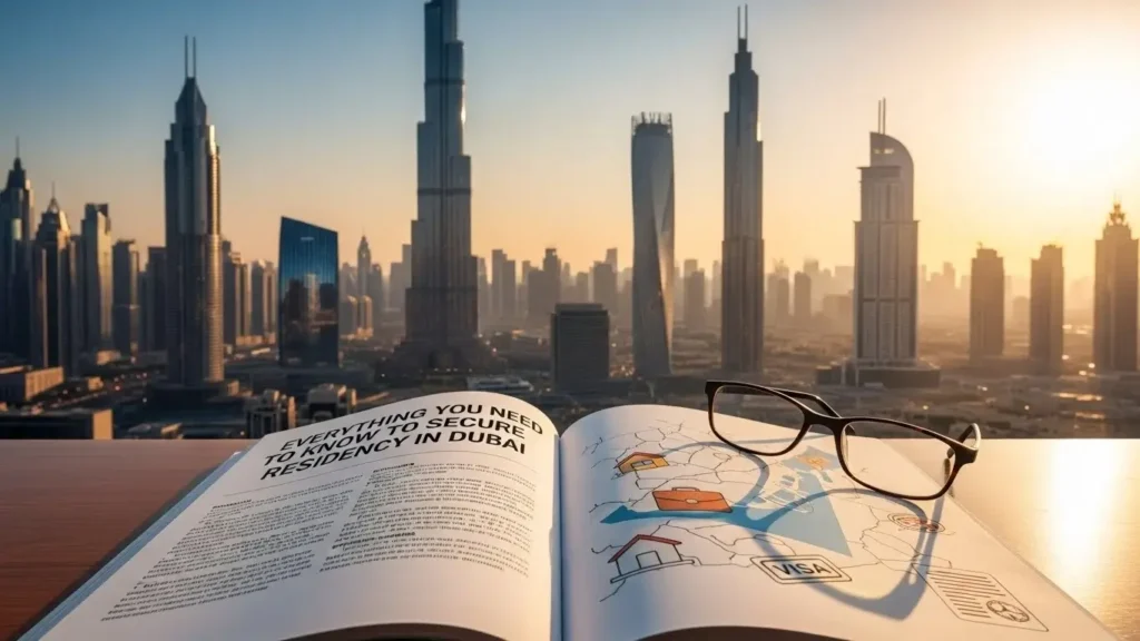 Dubai Golden Visa guide with Dubai skyline view and residency information booklet