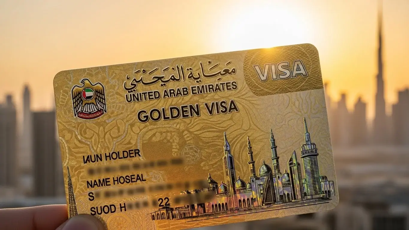 UAE Golden Visa card held against Dubai skyline at sunset
