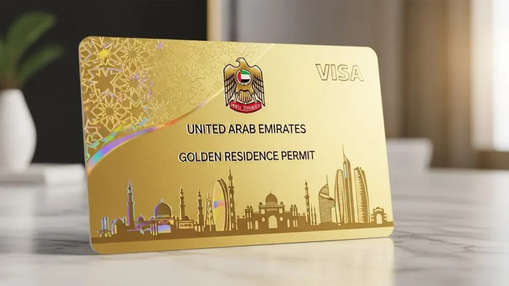 Golden UAE residence permit card with Abu Dhabi emblem and skyline design representing the 10-year Abu Dhabi Golden Visa for investors and professionals.