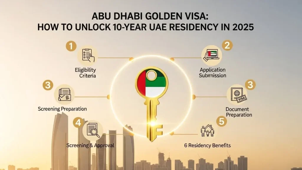 Golden key with UAE flag symbol over Abu Dhabi skyline showing six steps to unlock 10-year UAE residency through Abu Dhabi Golden Visa in 2025.