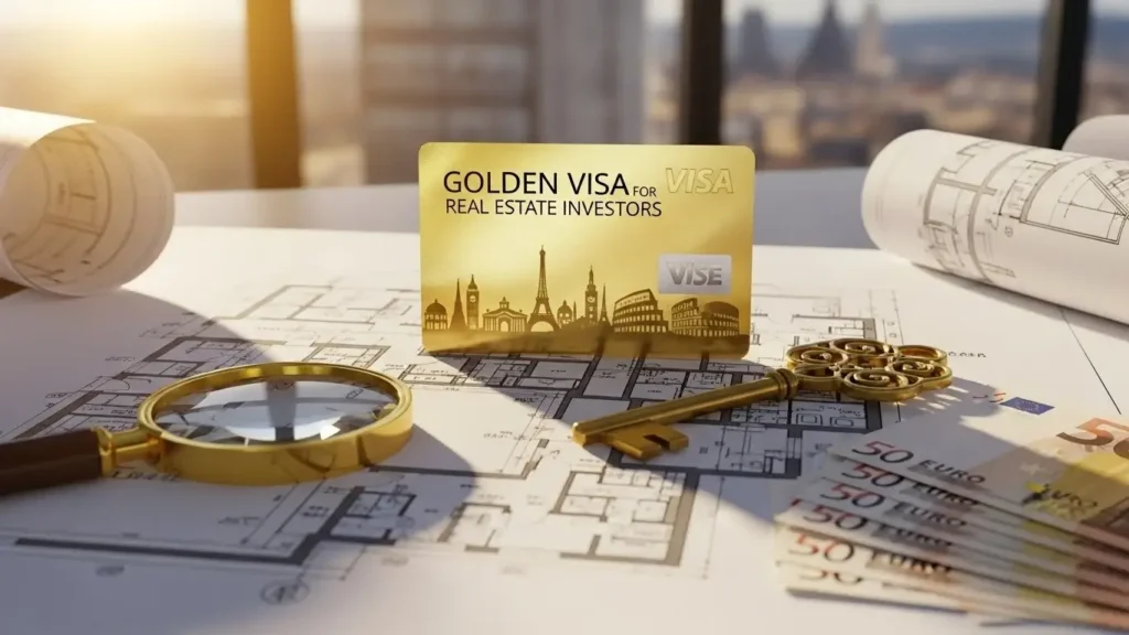 Golden visa card for real estate investors placed on property plans with keys and blueprints