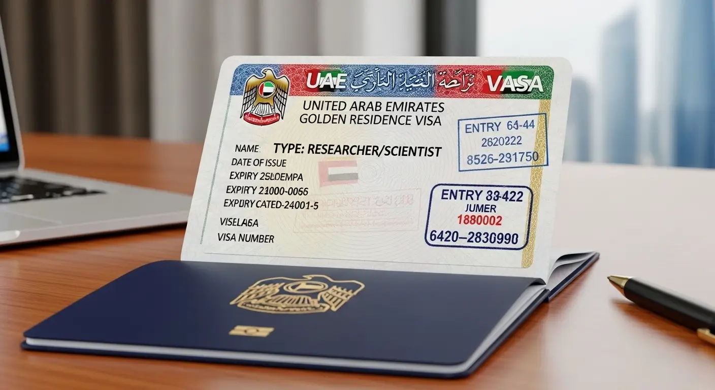 UAE Golden Residence Visa for researcher or scientist displayed on passport at office desk