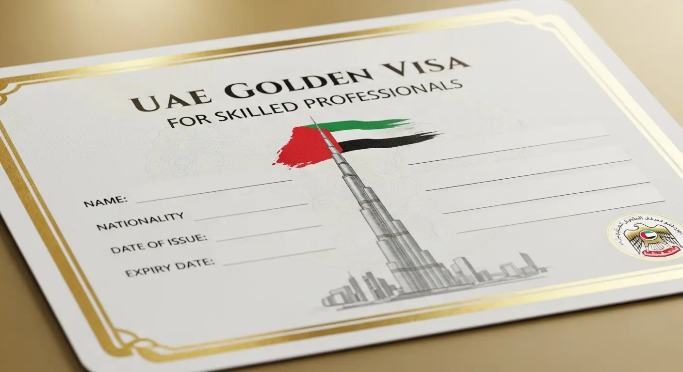 UAE Golden Visa certificate for skilled professionals with Burj Khalifa and UAE flag design