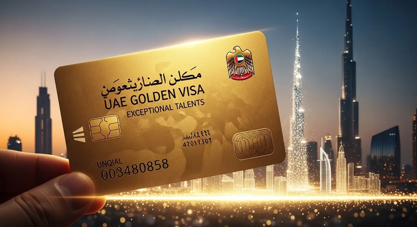 Golden UAE visa card for exceptional talents with Dubai skyline in the background