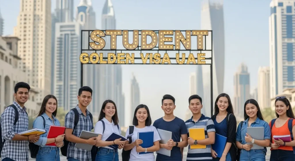 Student Golden Visa UAE banner showing international students holding books with Dubai skyline