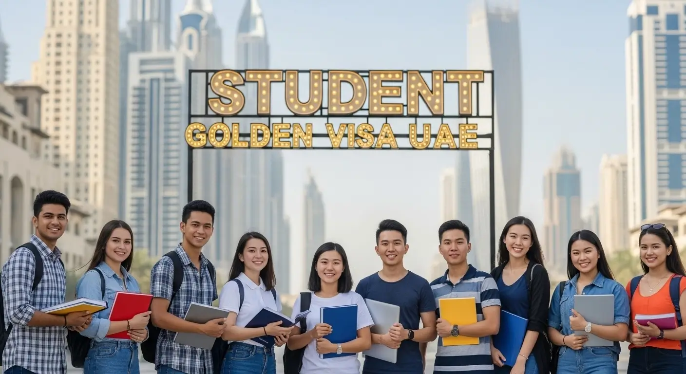 Student Golden Visa UAE banner showing international students holding books with Dubai skyline