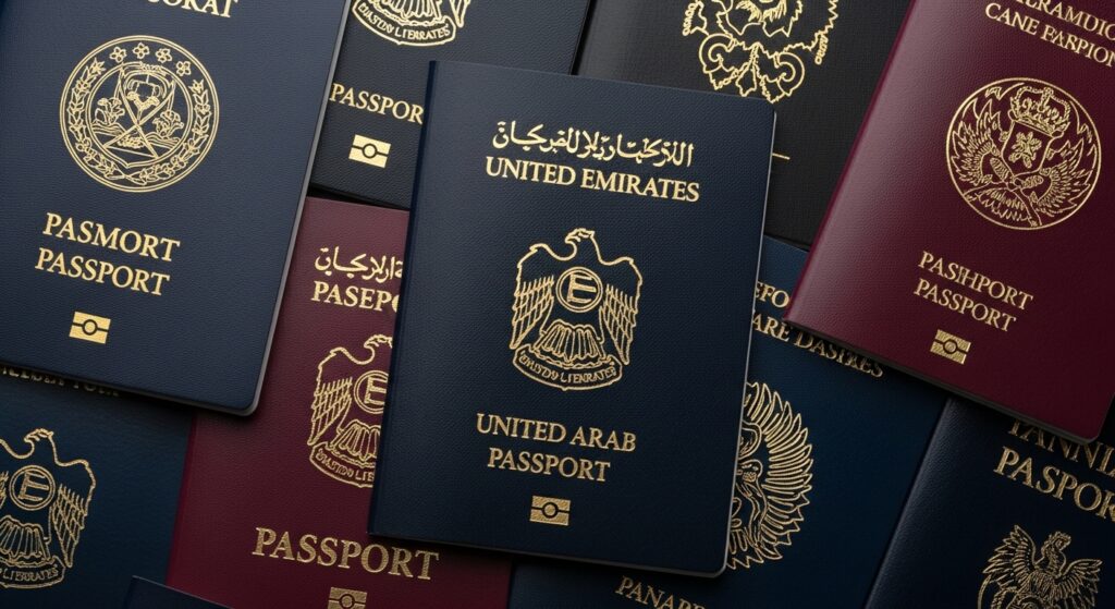 UAE Golden Visa program illustrated with multiple international passports