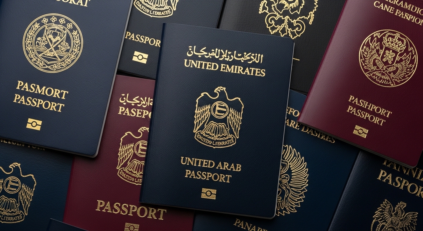 UAE Golden Visa program illustrated with multiple international passports
