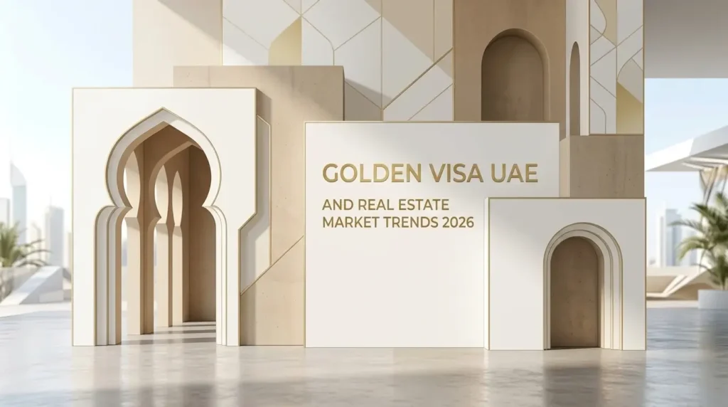 Minimalist Dubai skyscraper detail with "Golden Visa UAE & Real Estate Trends 2026