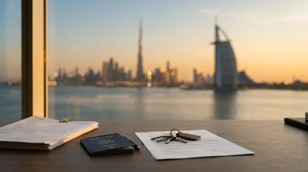 UAE Golden Visa documents and passport on a desk, Dubai skyline behind