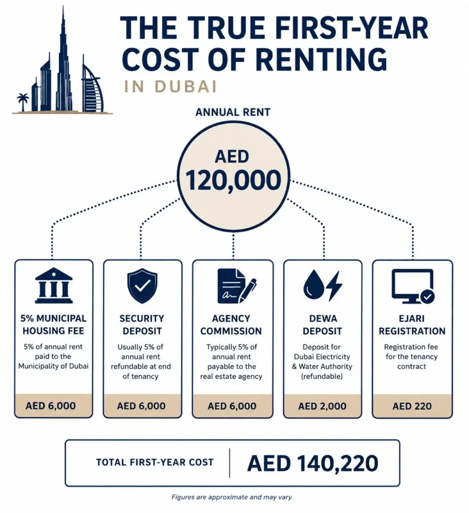 Breakdown of Dubai rental move-in costs on top of the annual rent figure