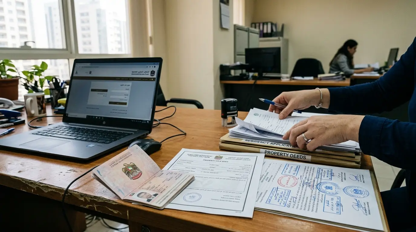 Passport, title deed and attested documents on a Dubai visa consultant's desk