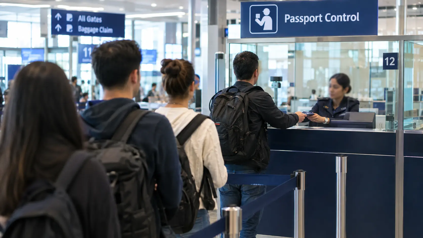 Travellers at airport passport control presenting documents for a UAE visa on arrival