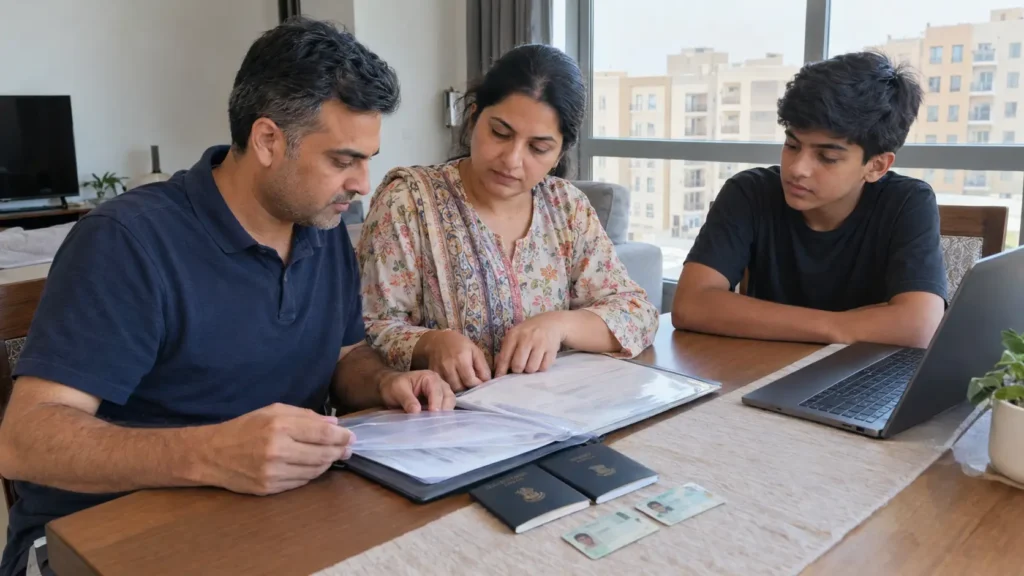 Family in Dubai reviewing Golden Visa residency papers and Emirates ID cards at home