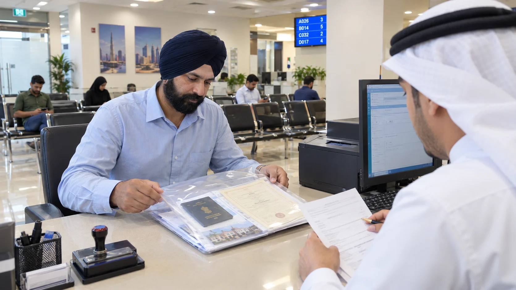 Indian applicant reviewing Golden Visa documents at a Dubai visa services counter