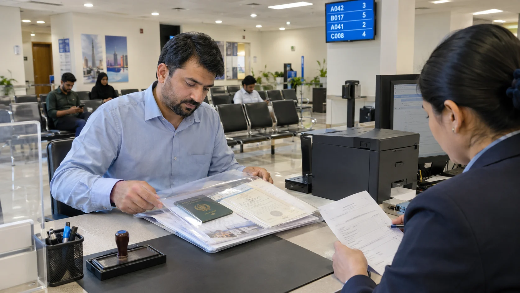 Pakistani applicant reviewing Golden Visa documents at a Dubai visa services counter