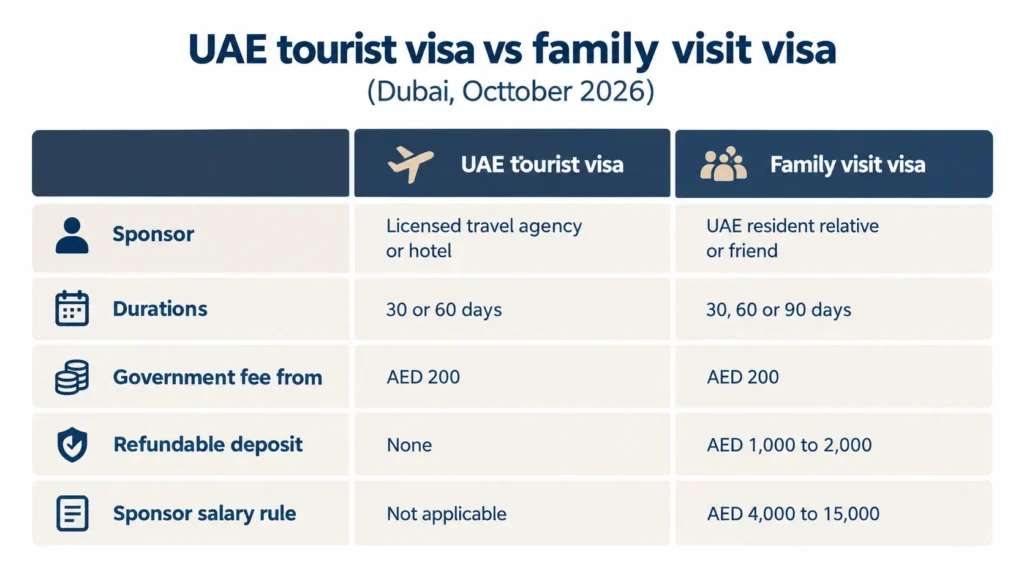 Comparison table of UAE tourist visa and family visit visa fees and rules for Pakistanis